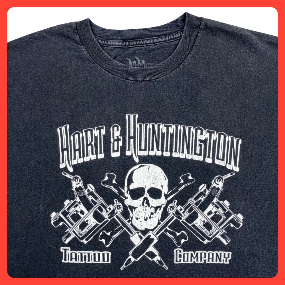 Vintage Hart & Huntington Tattoo Machine Shirt‎ Men Large Black FMX Skull Y2K